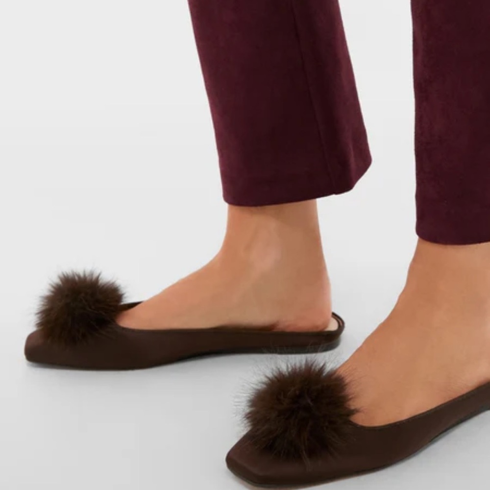 Women's Brown Pom-Pom Backless Ballet Flats